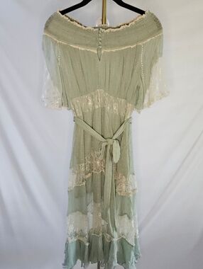 SNIDEL Sage Green Lace Detail Off-Shoulder Tiered Dress